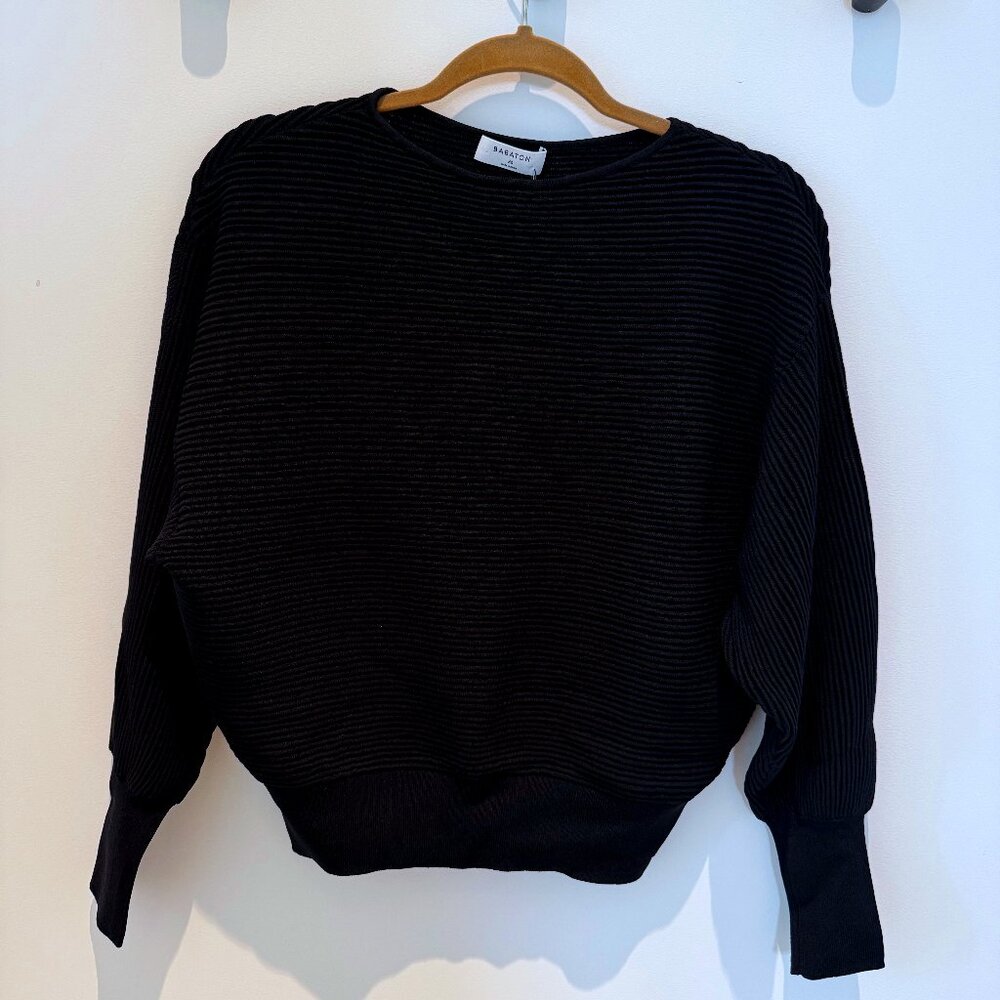 NEW Aritzia Babaton Orion Black Knit Boatneck Ribbed Top with Fitted Waist XS